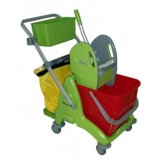 Valytojų vežimėlis Euromop 3P su nugręžėju, vienu 15 l kibiru, loveliu priemonėms ir laikikliu šiukšlių maišui